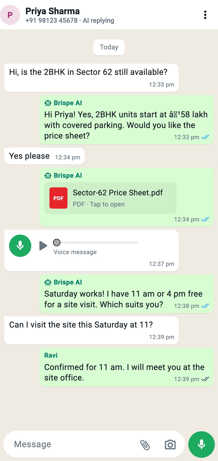 WhatsApp-style chat in the Brispe app with a customer voice note, a PDF price sheet and AI replies