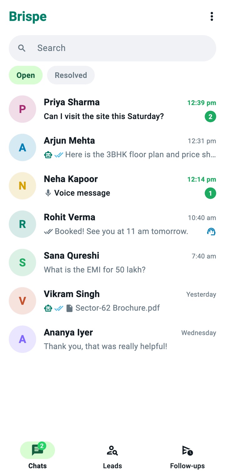 Brispe app chat list with unread counts, AI replies, voice messages and documents