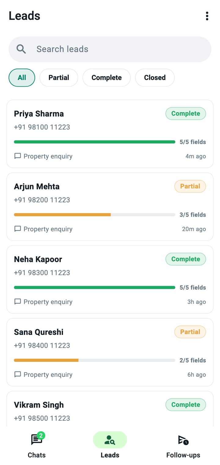 Leads list in the Brispe app