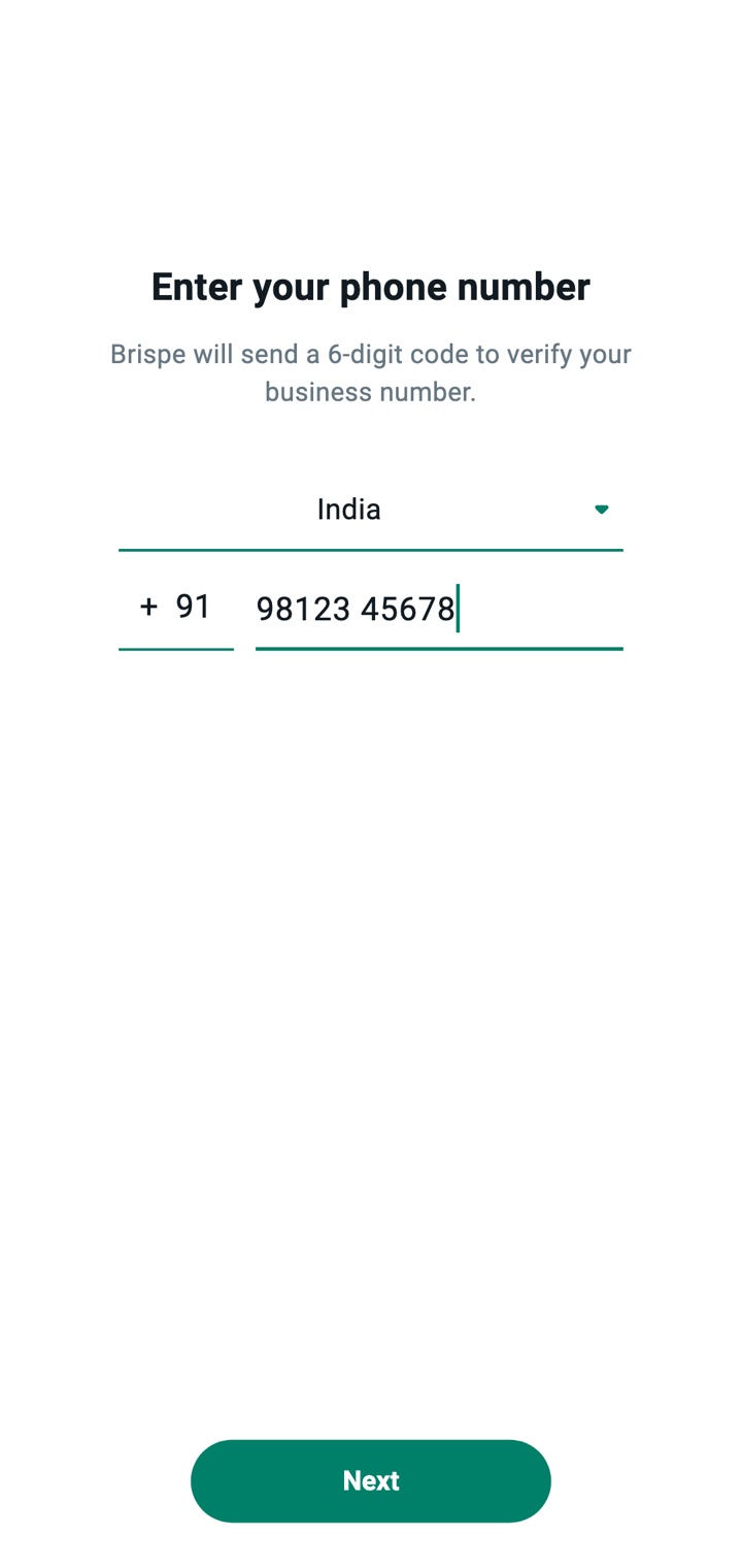 Brispe sign-in screen asking for a phone number