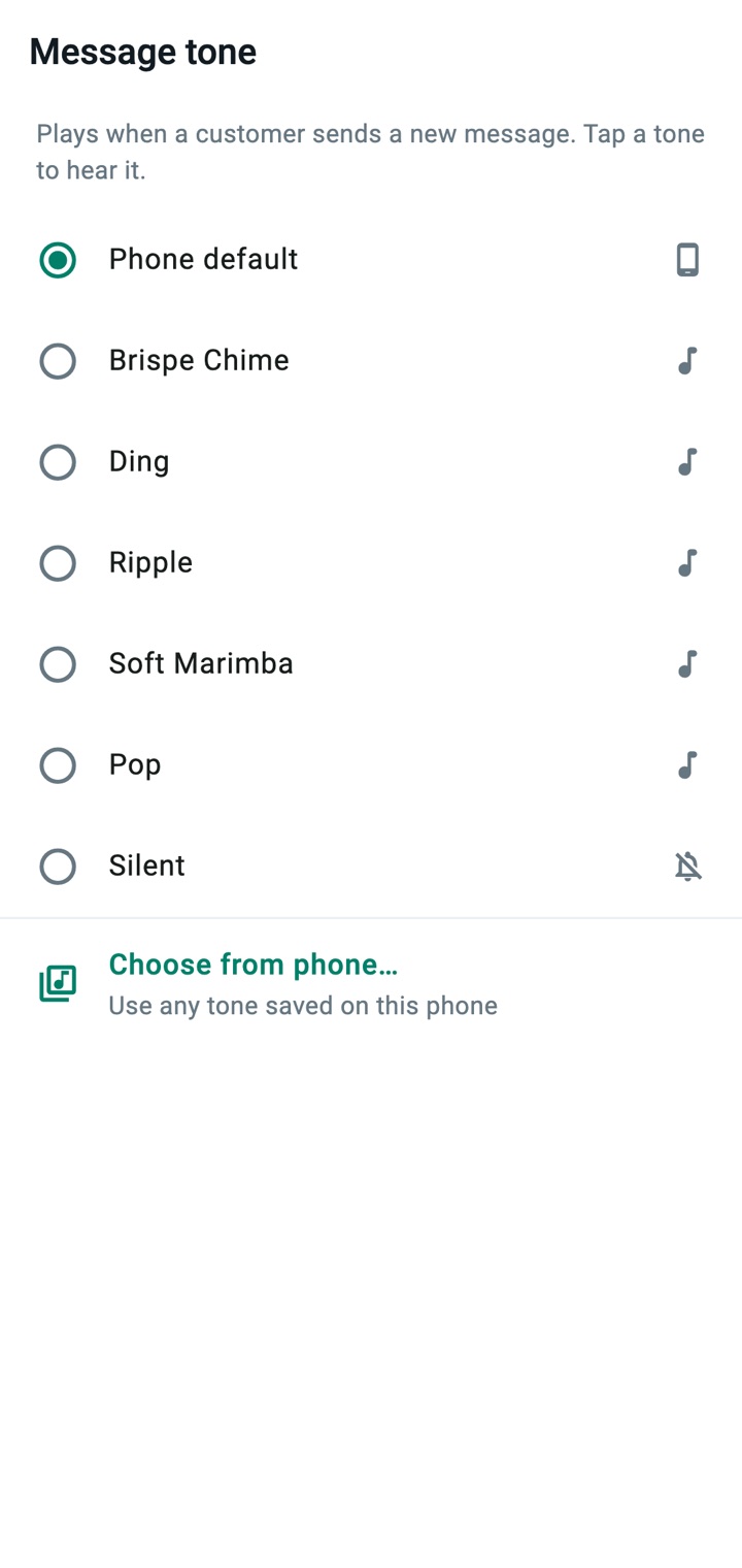 Message tone settings in the Brispe app